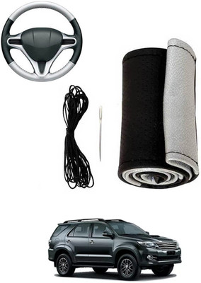 MATIES Hand Stiched Steering Cover For Toyota Fortuner(Silver, Black, Leatherite)