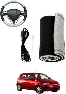 MATIES Hand Stiched Steering Cover For Chevrolet Aveo UVA(Silver, Black, Leatherite)