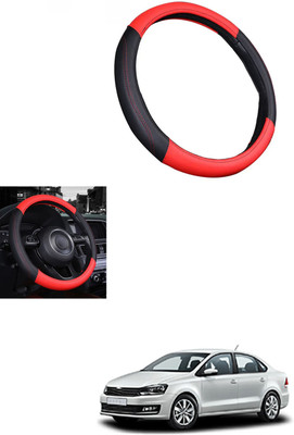 MATIES Steering Cover For Volkswagen Vento(Red/Black, Leather)