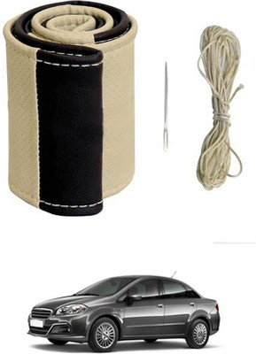 monolive Hand Stiched Steering Cover For Fiat Linea(Beige/Black, Leatherite)