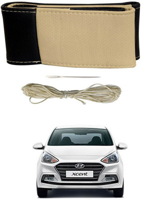 RKPSP Hand Stiched Steering Cover For Universal For Car Xcent(Beige/Black, Leatherite)