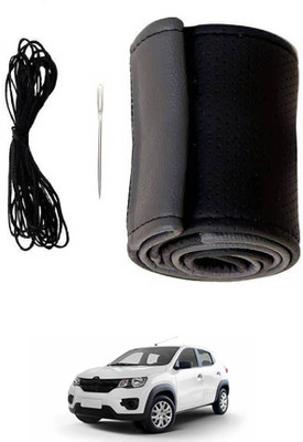 MATIES Hand Stiched Steering Cover For Renault Kwid(Black/Grey, Leatherite)