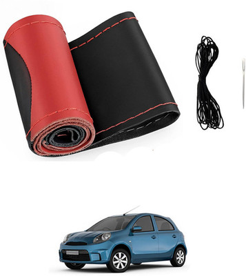 MATIES Hand Stiched Steering Cover For Nissan Micra Active(Red/Black, Leatherite)
