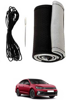 MSNP Hand Stiched Steering Cover For Volkswagen Universal For Car(Silver Black, Leatherite)