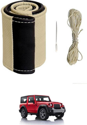 ABJD Hand Stiched Steering Cover For Nissan Thar(Beige, Black, Leatherite)