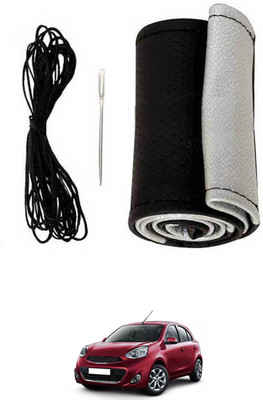 monolive Hand Stiched Steering Cover For Nissan Micra(Silver/Black, Leatherite)