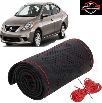 Autoinnovation Hand Stiched Steering Cover For Nissan Universal For Car(Black, Red, Leather)