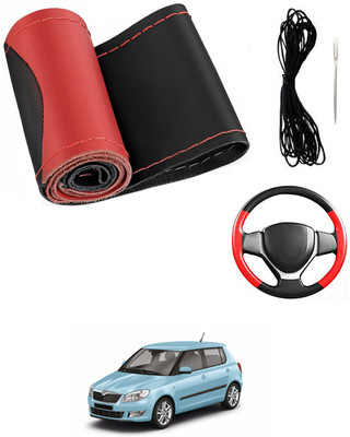 MATIES Hand Stiched Steering Cover For Skoda Fabia(Red/Black, Leatherite)