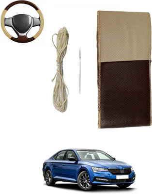 ABJD Hand Stiched Steering Cover For Skoda Superb(Beige, Brown, Leatherite)