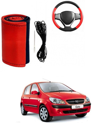 ARNEJA Hand Stiched Steering Cover For Hyundai Getz(Red, Black, Leather)
