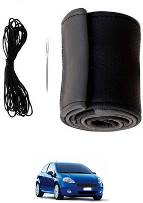 MATIES Hand Stiched Steering Cover For Fiat Grand Punto(Black/Grey, Leatherite)