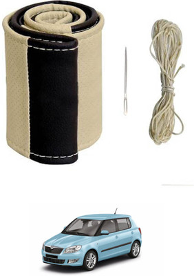MATIES Hand Stiched Steering Cover For Skoda Fabia(Beige/Black, Leatherite)