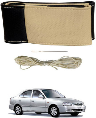 RKPSP Hand Stiched Steering Cover For Universal For Car Accent(Beige/Black, Leatherite)