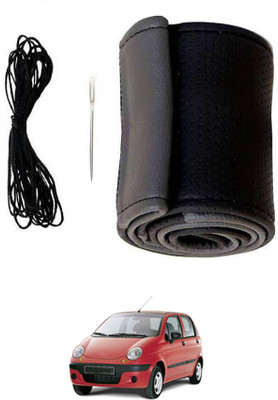 MATIES Hand Stiched Steering Cover For Daewoo Matiz(Black/Grey, Leatherite)