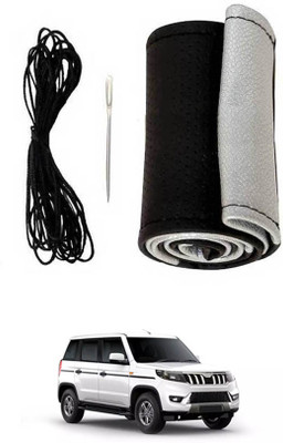MATIES Hand Stiched Steering Cover For Mahindra Universal For Car(Black-Silver, Leatherite)