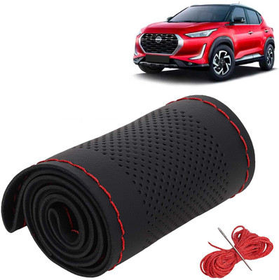 Kingsway Hand Stiched Steering Cover For Nissan Universal For Car(Black Color with Red Thread, Leatherite)