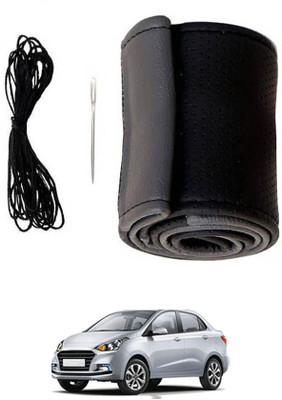 MATIES Hand Stiched Steering Cover For Hyundai Xcent(Black/Grey, Leatherite)