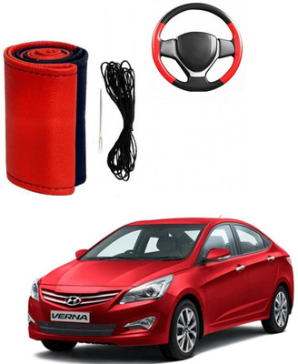 ARNEJA Hand Stiched Steering Cover For Hyundai Fluidic Verna(Red, Black, Leather)