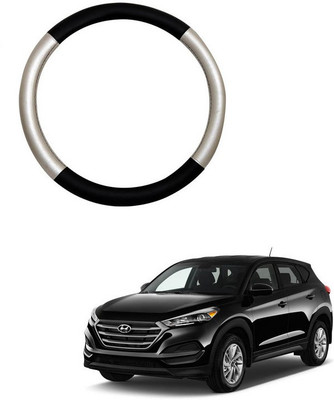 RKPSP Hand Stiched Steering Cover For Universal For Car Tucson(Silver/Black, Leatherite)