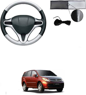 ARNEJA Hand Stiched Steering Cover For Tata Rapid(Silver, Black, Leather)