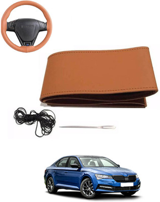 MATIES Hand Stiched Steering Cover For Skoda Superb(Tan, Leatherite)