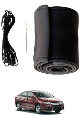 MATIES Hand Stiched Steering Cover For Honda Universal For Car(Black/Grey, Leatherite)