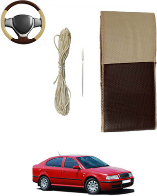 monolive Hand Stiched Steering Cover For Skoda Octavia(Brown/Beige, Leatherite)