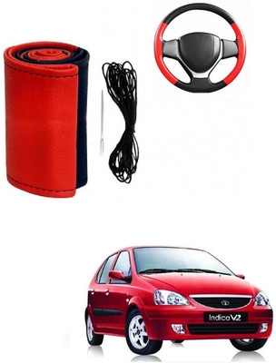 Autocom Hand Stiched Steering Cover For Tata Indica(Red, Black, Leather)
