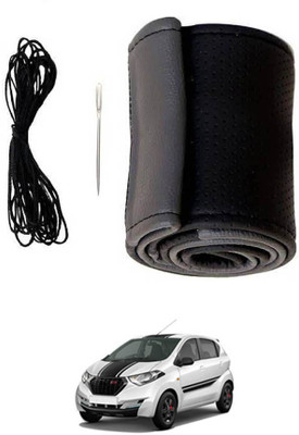MATIES Hand Stiched Steering Cover For Datsun Universal For Car(Black/Grey, Leatherite)