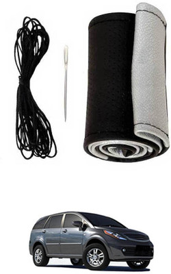 MATIES Hand Stiched Steering Cover For Tata Aria(Black-Silver, Leatherite)