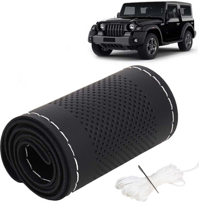 Kingsway Hand Stiched Steering Cover For Mahindra Thar(Black Color with Silver Thread, Leatherite)