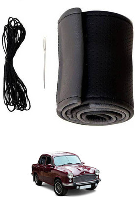 MATIES Hand Stiched Steering Cover For HM Ambassador(Black/Grey, Leatherite)