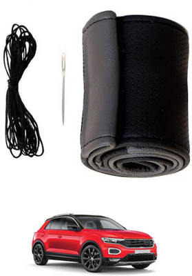MATIES Hand Stiched Steering Cover For Volkswagen Universal For Car(Black/Grey, Leatherite)