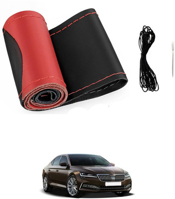 MSNP Hand Stiched Steering Cover For Skoda Superb(Red & Black, Leatherite)