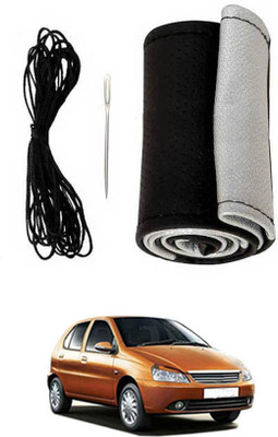 MSNP Hand Stiched Steering Cover For Tata Indica(Silver Black, Leatherite)