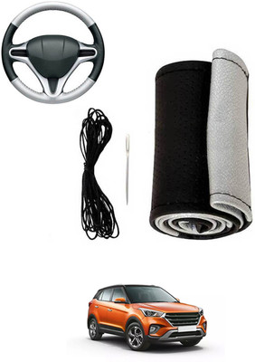 MATIES Hand Stiched Steering Cover For Hyundai Creta(Silver, Black, Leatherite)