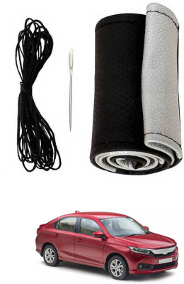 ABJD Hand Stiched Steering Cover For Honda Amaze(Silver, Black, Leatherite)
