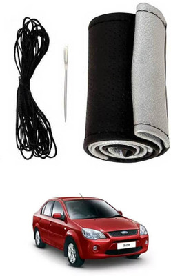 MATIES Hand Stiched Steering Cover For Ford Ikon(Black-Silver, Leatherite)