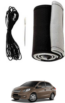 MATIES Hand Stiched Steering Cover For Honda Amaze(Black-Silver, Leatherite)