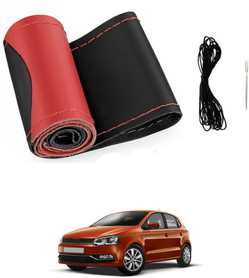MATIES Hand Stiched Steering Cover For Volkswagen Polo(Red/Black, Leatherite)