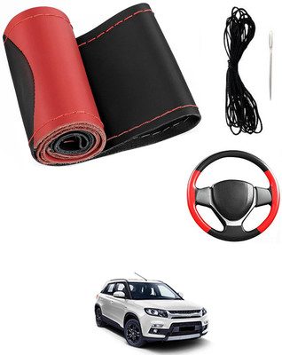 MATIES Hand Stiched Steering Cover For Universal For Car Universal For Car(Red/Black, Leatherite)