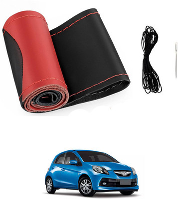 MATIES Hand Stiched Steering Cover For Honda Brio(Red/Black, Leatherite)