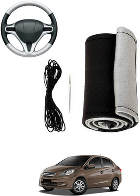 MATIES Hand Stiched Steering Cover For Honda Amaze(Silver, Black, Leatherite)