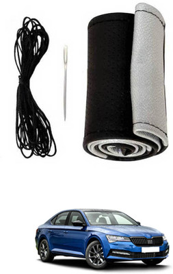 MSNP Hand Stiched Steering Cover For Skoda Superb(Silver Black, Leatherite)