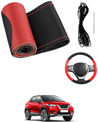 MATIES Hand Stiched Steering Cover For Nissan Universal For Car(Red/Black, Leatherite)