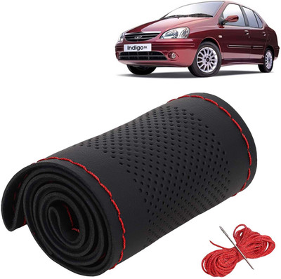 Kingsway Hand Stiched Steering Cover For Tata Indigo(Black Color with Red Thread, Leatherite)