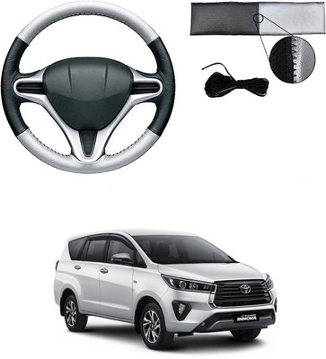 ARNEJA Hand Stiched Steering Cover For Toyota Innova(Silver, Black, Leather)