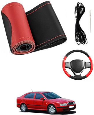 MATIES Hand Stiched Steering Cover For Skoda Octavia(Red/Black, Leatherite)
