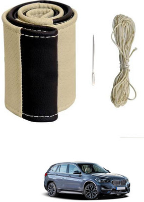 MATIES Hand Stiched Steering Cover For BMW Universal For Car(Beige/Black, Leatherite)