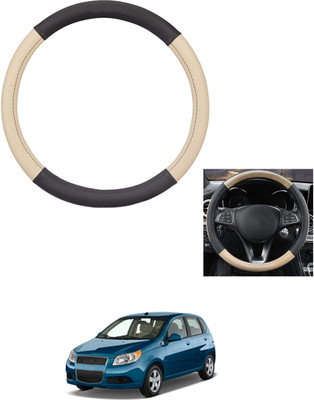 MATIES Steering Cover For Chevrolet Aveo(Beige/Black, Leather)